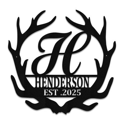 Antler Monogram Est. Sign. Wedding Gift.Hunting, lodge Family Name Sign. Outdoor Name Sign. Anniversary. Last Name Sign. Metal Sign. Front Door. (12", Rust Color)