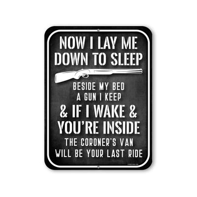 Honey Dew Gifts, Now I Lay Me Down to Sleep Beside My Bed a Gun I Keep, 9 inch by 12 inch, Made in USA, Metal Sign Post, No Trespassing Signs Funny, Funny Home Decor, HDG-1334