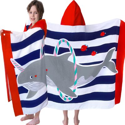 VOOVA & MOVAS Hooded Beach Towel for Kids,(3-8 Years, 30''X50),Absorbent 100% Cotton Towel Wrap for Boys, Perfect for Toddler Beach, Pool, Bath, Swimming, Hula-Hooping Narwhal