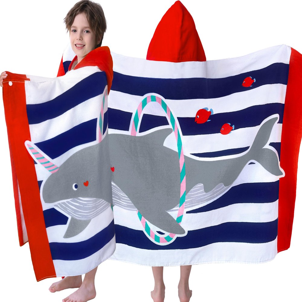VOOVA & MOVAS Hooded Beach Towel for Kids,(3-8 Years, 30''X50),Absorbent 100% Cotton Towel Wrap for Boys, Perfect for Toddler Beach, Pool, Bath, Swimming, Hula-Hooping Narwhal