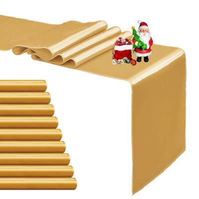 10-Pack Old Gold Satin Table Runner 12 x 108 Inch Long Bright and Smooth Silk Fabric Table Runner for Wedding Banquet Birthday Party Decoration