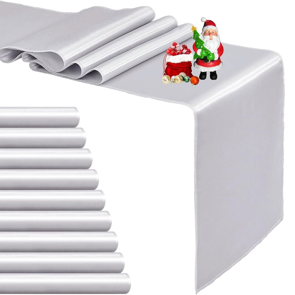 10-Pack Silver Satin Table Runner 12 x 108 Inch Long Bright and Smooth Silk Fabric Table Runner for Wedding Banquet Birthday Party Decoration