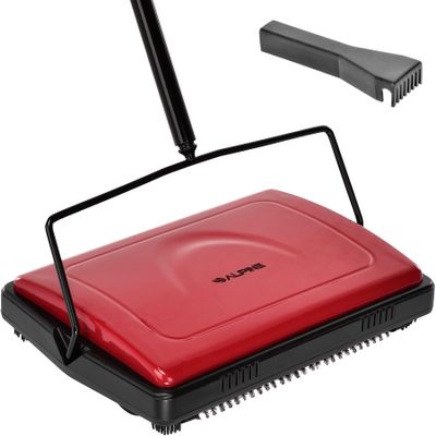 Alpine Manual Carpet Sweeper Triple Brush Non Electric Multi-Surface Floor Cleaner Easy Sweeping for Carpeted Floors (Red -Updated)