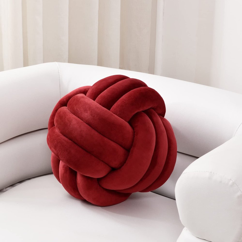 Sioloc Soft Knot Ball Pillows,Round Throw Pillow Cushion Home Decoration Plush Pillow,Throw Knotted Pillow Handmade Round Plush Pillow7.8inches,Burgundy