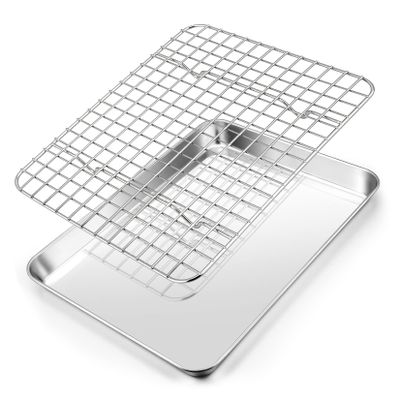 10.4 Inch Baking Sheet Pan with Cooling Rack Set, Joyfair Stainless Steel Toaster Oven Tray Pans with Grid Racks, Rectangular Bakeware for Cookie/Bacon, Heavy Duty & Rust-free, Dishwasher Safe
