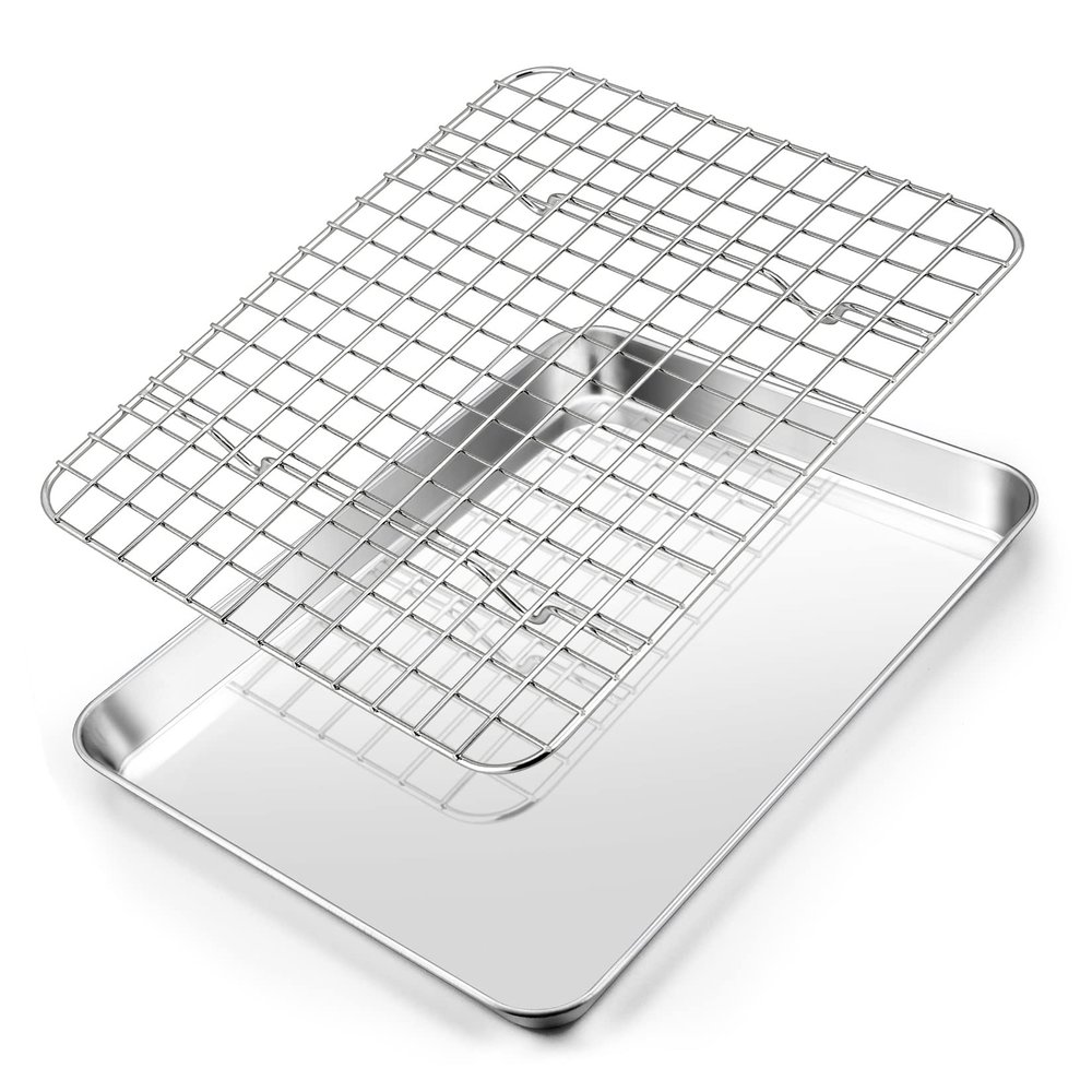 10.4 Inch Baking Sheet Pan with Cooling Rack Set, Joyfair Stainless Steel Toaster Oven Tray Pans with Grid Racks, Rectangular Bakeware for Cookie/Bacon, Heavy Duty & Rust-free, Dishwasher Safe
