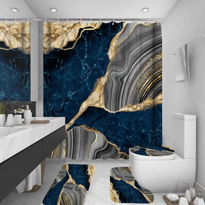 4Pcs Marble Shower Curtain Sets, Bathroom Decor Sets, Luxury Shower Curtain with 12 Hooks, Bath Mat, Toilet Lid Rug and Non-Slip U Shape Mat Accessories Marble Print, 72 x 72 Inch, Navy Blue