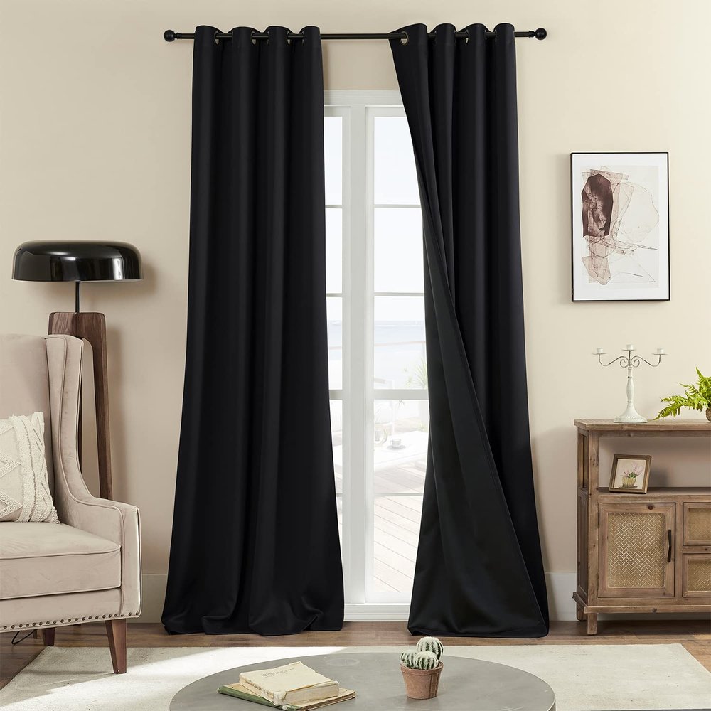 100% Blackout 340 GSM Curtains ,90 inches 2 Panel Sets, Heat and Full Light Blocking Drapes with Grommets for Bedroom, Thermal Insulated Window Treatment Drapes for Living Room (Black,52x90inch)