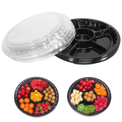 10 Pcs Round Plastic Appetizer Tray with Lid Divided Serving Tray Disposable Food Storage Trays Containers Plastic Tray Storage Snack Fruit Vegetable Trays for Party (black, 13.7 x 13.7 x 2 Inch)