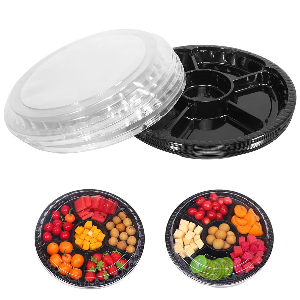 10 Pcs Round Plastic Appetizer Tray with Lid Divided Serving Tray Disposable Food Storage Trays Containers Plastic Tray Storage Snack Fruit Vegetable Trays for Party (black, 13.7 x 13.7 x 2 Inch)