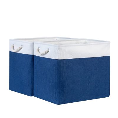 Bidtakay Large Canvas Organization Bins Set of 2 Navy Blue Rectangular Baskets 17x12x15 in for Blankets, Clothes, Towels, Dog Toys Storage