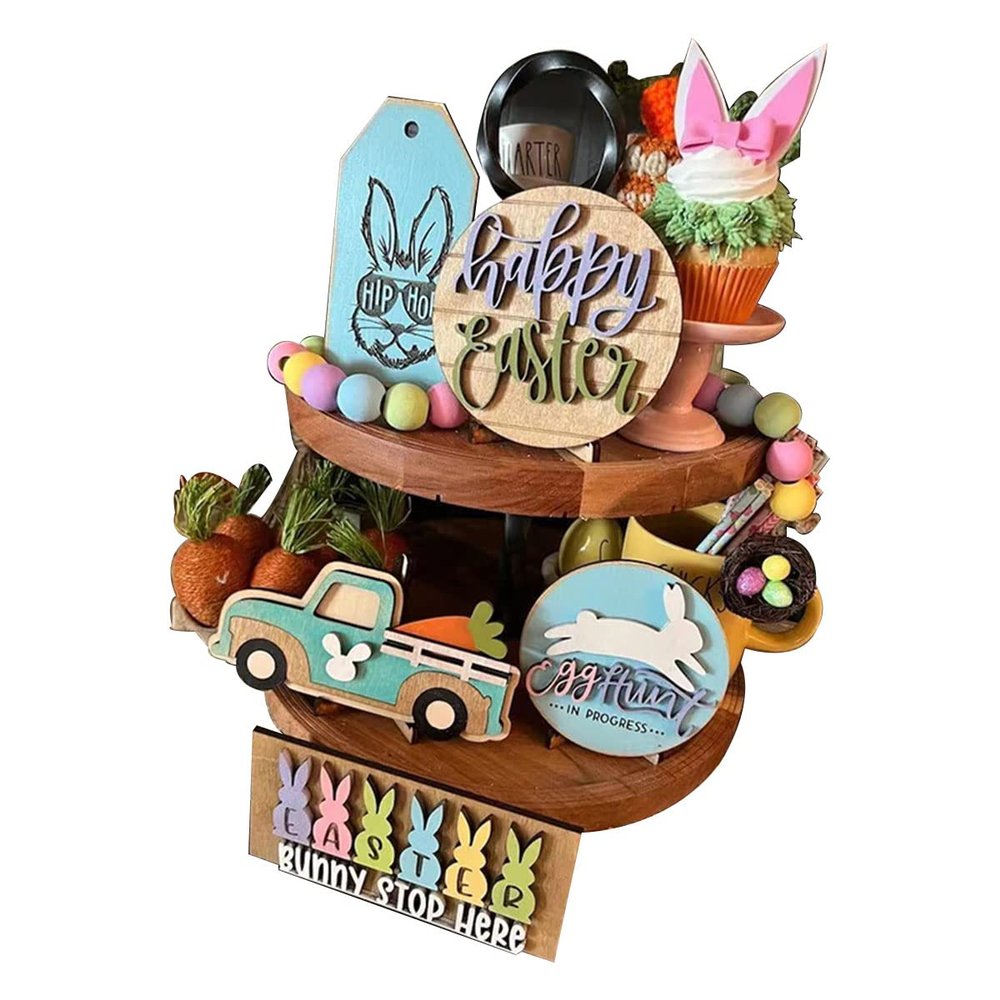 Easter Tiered Tray Deco,Farmhouse Tray Decor? Decoration for Interior Furniture Table Top Office Tiered Tray, 3D Rabbit Car Mini Logo Easter Gift Without Tray. (Section B)