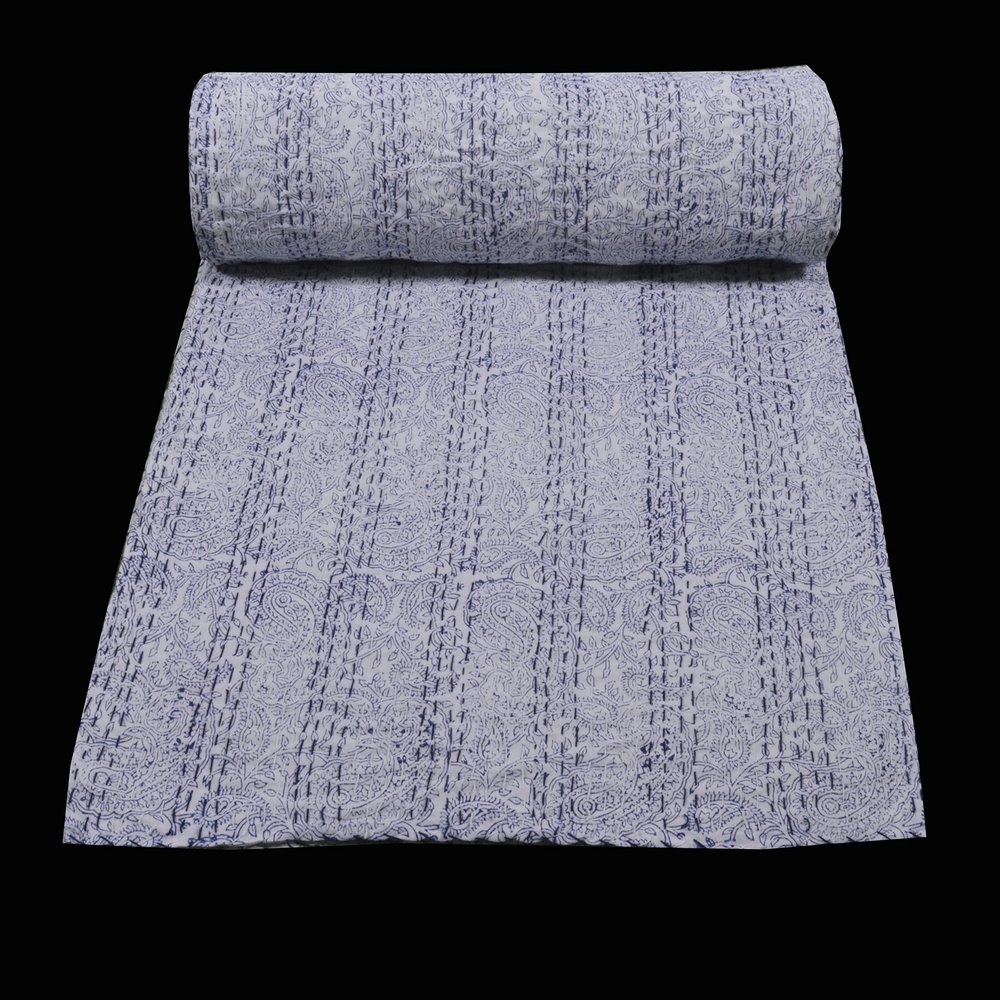 Indian Cotton Kantha Bed Cover Quilt Print Throw Blanket Reversible Queen Size Kantha Bedspread