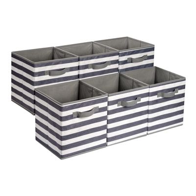 Amazon Basics Collapsible Fabric Storage Bins with Handles, Cube Organizer for Organizing, 13"x13"x13", White/Light Grey Stripe, 6-Pack