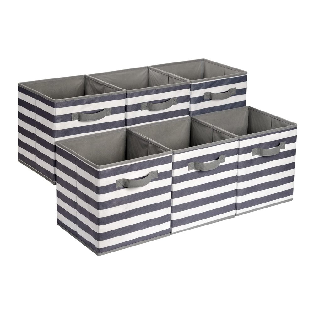Amazon Basics Collapsible Fabric Storage Bins with Handles, Cube Organizer for Organizing, 13"x13"x13", White/Light Grey Stripe, 6-Pack