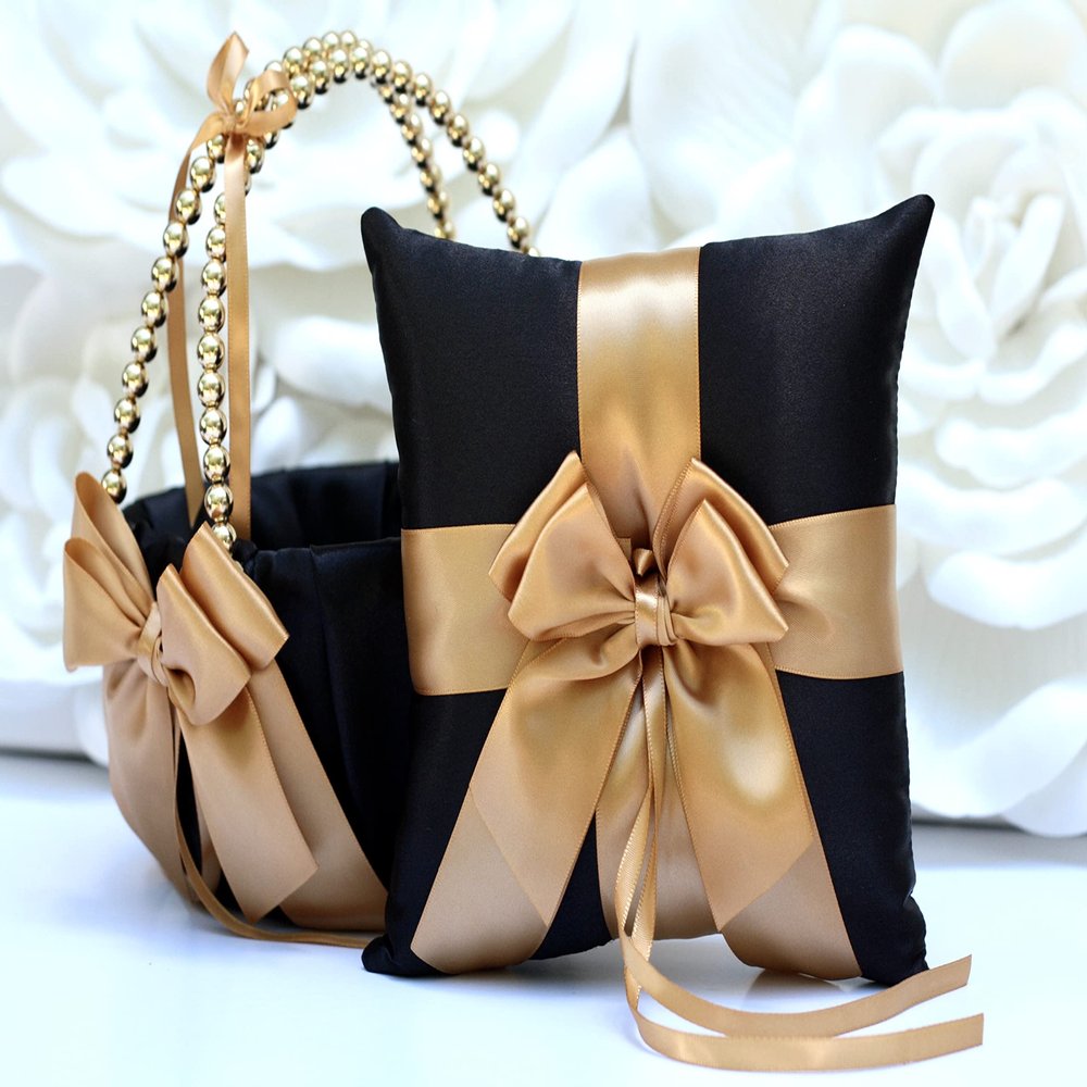 Flower Girl Basket and Ring Bearer Pillow Set in Black and Gold Color