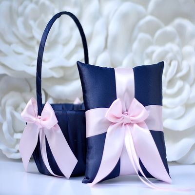 Flower Girl Basket and Ring Bearer Pillow Set in Navy Blue and Pink Color