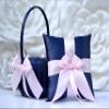 Flower Girl Basket and Ring Bearer Pillow Set in Navy Blue and Pink Color view 1
