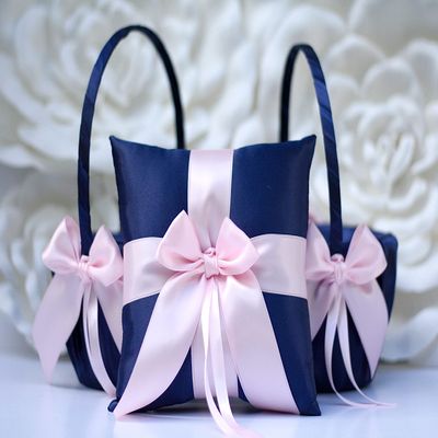 One Ring Pillow and Two Flower Girl Baskets in Navy Blue and Pink Color