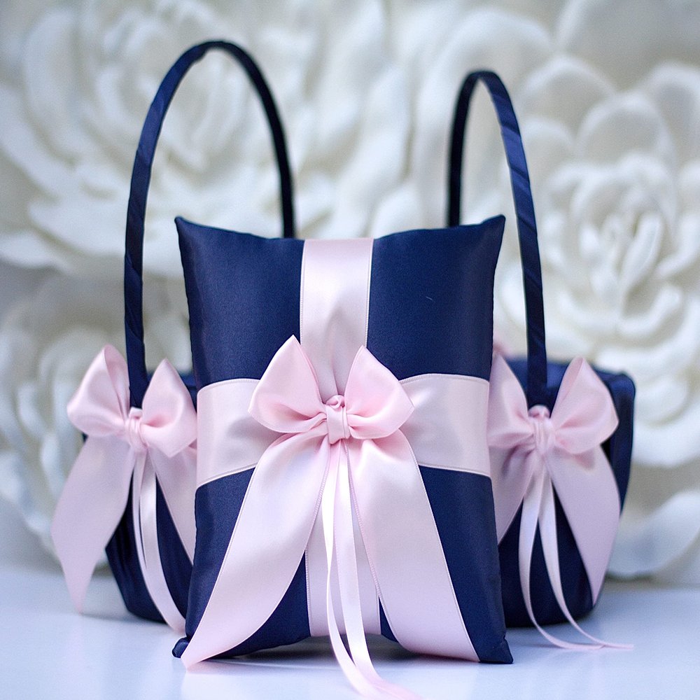 One Ring Pillow and Two Flower Girl Baskets in Navy Blue and Pink Color