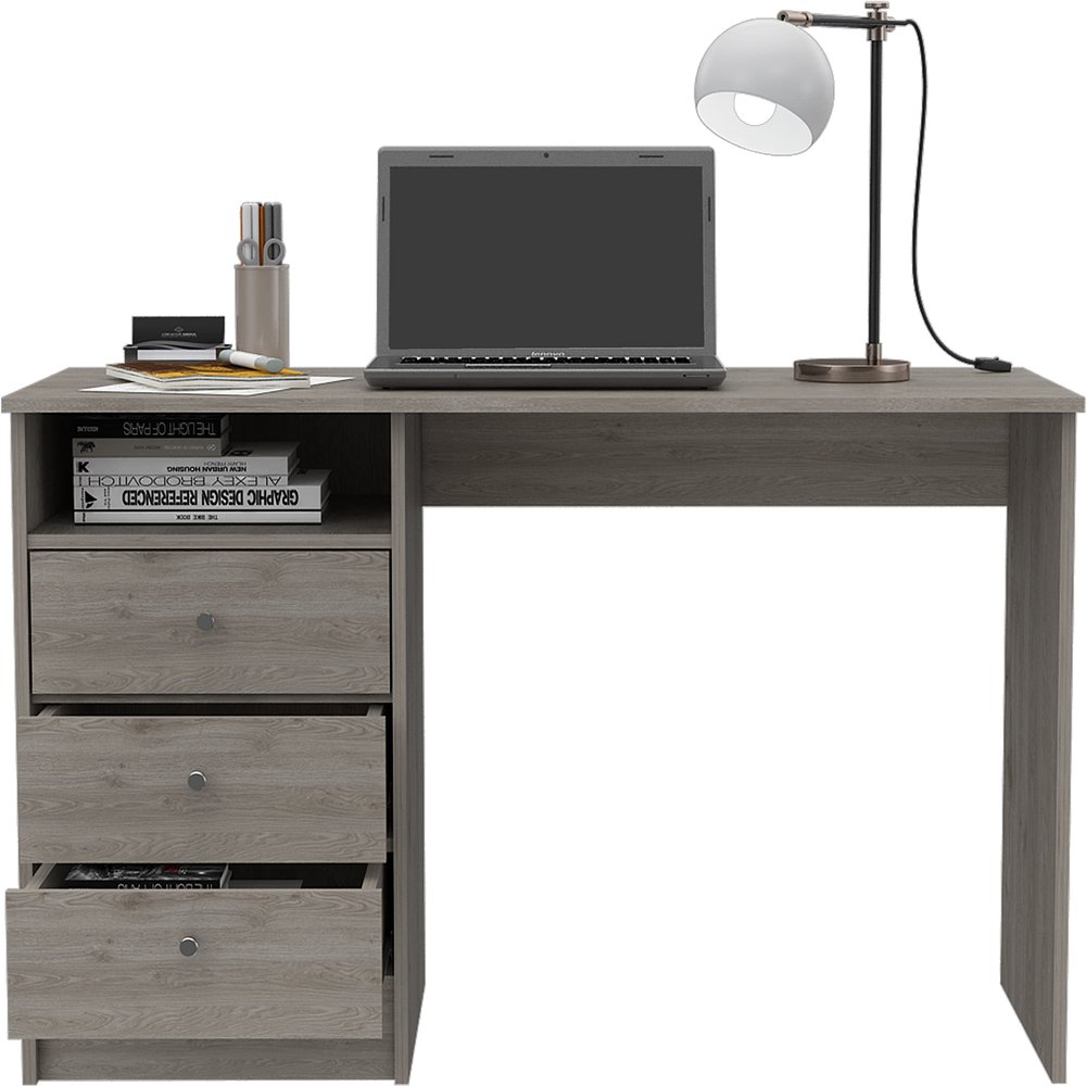 DEPOT E-SHOP Nemocon 3 Drawer Computer Desk - Modern Office Desk with Storage Shelf - Light Gray, Gray Oak, Black