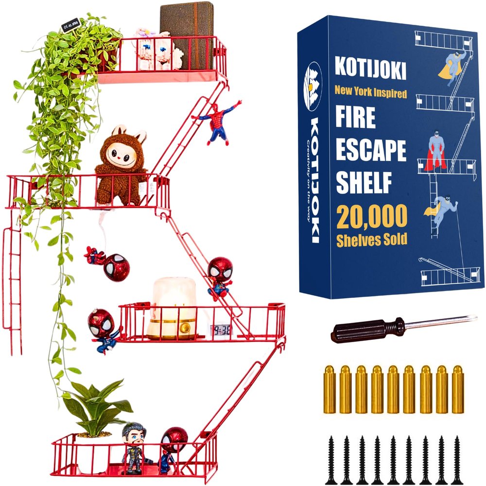 4 Tier Fire Escape Wall Shelf  New York Decorative Floating Shelf  Wall Art Ladder Shelf  Red Metal Trinket Shelves for Bedroom, Home, Office, Storage and Display