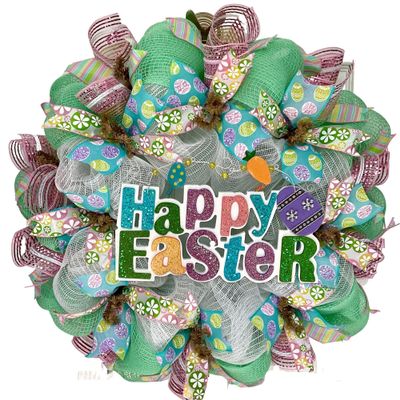 Happy Easter Glittering Pastel Wreath Handmade Deco Mesh. Available in 24 inch and 28 inch diameters