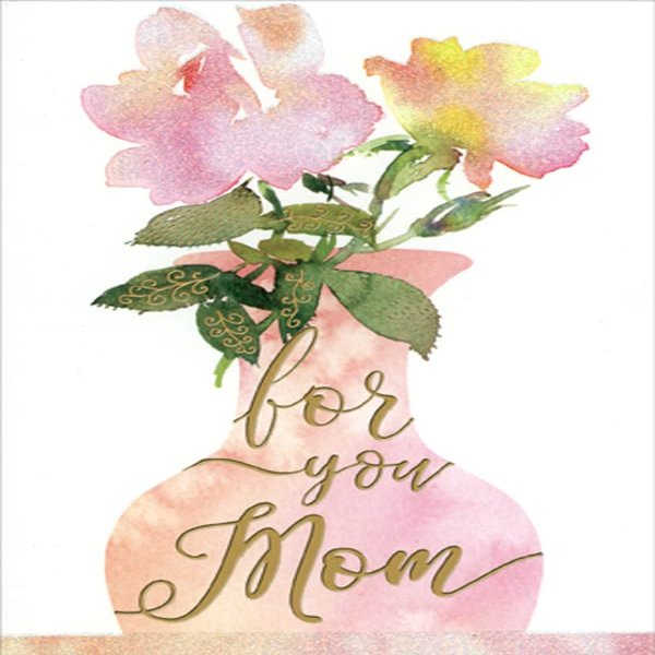 Pictura Two Sparkling Watercolor Flowers in Pink Vase Mother's Day Card for Mom