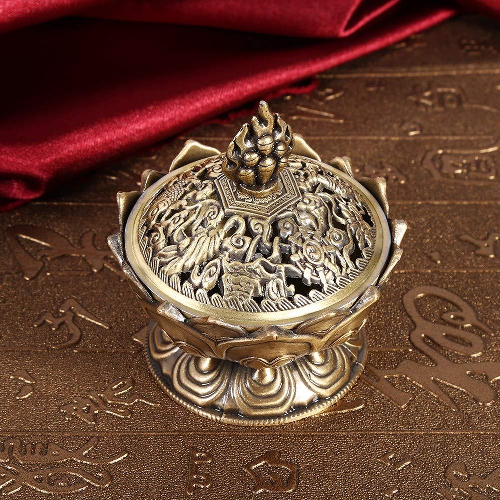 Lotus Flower Incense Burner, Zinc Alloy Resin Incense Holder for Home Office Decor, Charcoal Incense Burner with Lid for Meditation Yoga Aromatherapy, Small Ornament