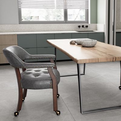 JESONVID Mid-Century Modern Dining Rolling Chair with Casters, Captain's Chair with Wheels, Grey, Leathaire & Suede, Textured Finish