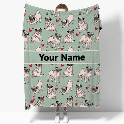 ARAHANT Personalized Pug Blanket with Name for Girl and Boy, Cute Pug Custom Text Throw Blanket, Good Birthday Gift, 120" x 90" for Family
