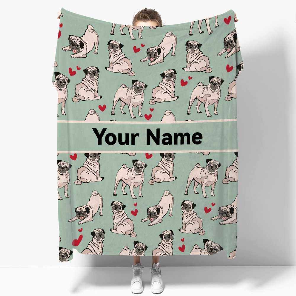 ARAHANT Personalized Pug Blanket with Name for Girl and Boy, Cute Pug Custom Text Throw Blanket, Good Birthday Gift, 120" x 90" for Family