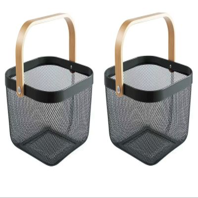 AJIODA 2 Pack Metal Mesh Steel Basket, Storage Organizer Basket Multi-function Hanging Kitchen Baskets Fruit Basket Bin with Wood Handle for Kitchen Bathroom Picnic Cabinet Home Decor, Black