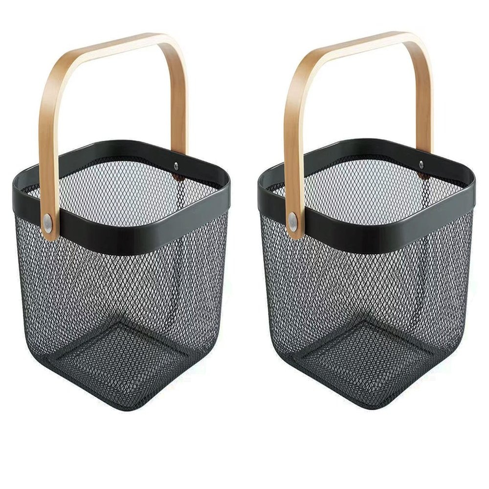 AJIODA 2 Pack Metal Mesh Steel Basket, Storage Organizer Basket Multi-function Hanging Kitchen Baskets Fruit Basket Bin with Wood Handle for Kitchen Bathroom Picnic Cabinet Home Decor, Black