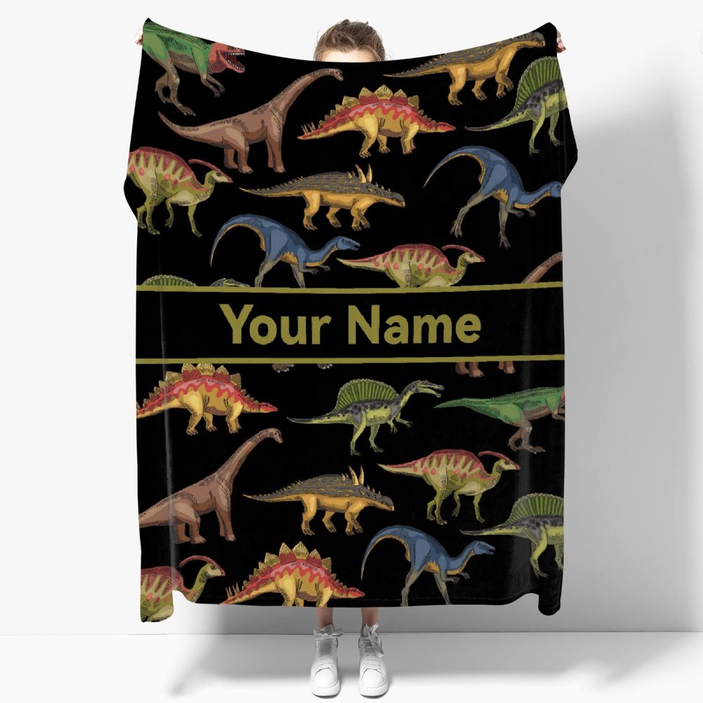 ARAHANT Personalized Dinosaur Blanket with Name for Girl and Boy, Cute Dinosaur Custom Text Throw Blanket, Good Birthday Gift, 120" x 90" for Family