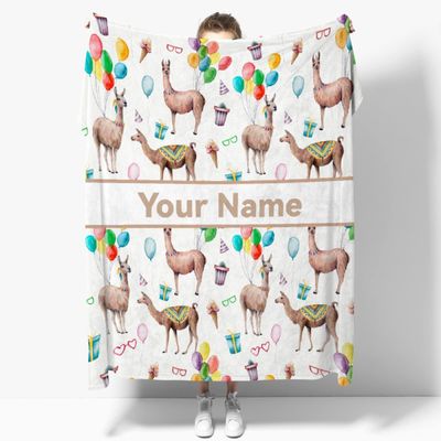 Personalized Alpaca Blanket with Name for Girl and Boy, Cute Alpaca Custom Text Throw Blanket, Good Birthday Gift, 120" x 90" for Family