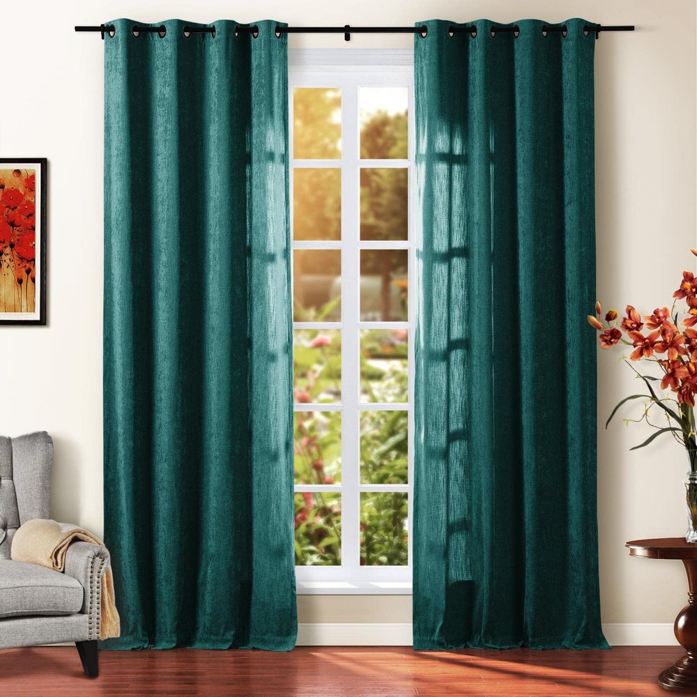 TWOPAGES Evergreen Chenille Room Darkening Curtain Panel 120 Inches Long, Privacy Grommet Window Drape for Bedroom, 1 Panel