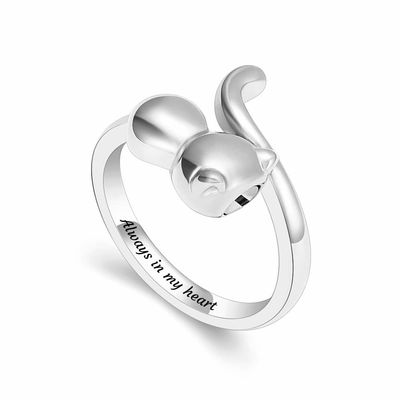 constantlife Cremation Ring for Ashes Engravable Urn Memorial Jewelry Stainless Steel Cute Cat Design Ashes Holder Charm Keepsake #6#7#8#9 (Always in my heart-Silver, 6)