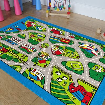 champion rugs Kids Educational Learning City Life Racing and Toys Road Non Skid (Non Slip) Blue Area Rug (5' X 7)