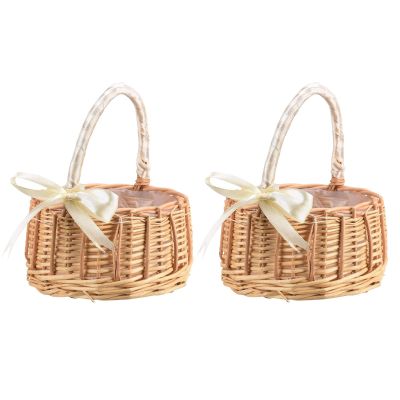 RNCOZE 2 PCS Wedding Flower Girl Baskets with Handle, Wicker Rattan Flower Basket with Bowknot Decorative and White Plastic Insert, Portable Storage Basket for Home Garden Decor(White L)