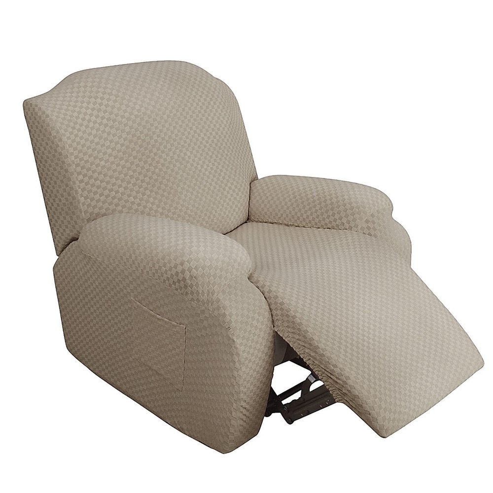 4 Pieces Stretch Recliner Chair Slipcover, Jacquard Reclining Couch Cover Armchair Sofa Covers Anti-Slip Furniture Slipcovers with Elastic Bottom (Khaki)