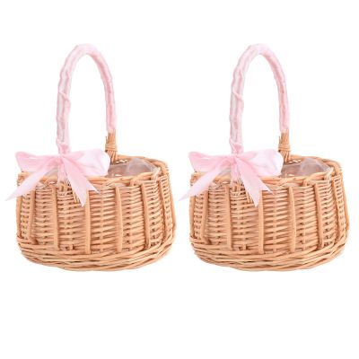 RNCOZE 2 PCS Wedding Flower Girl Baskets with Handle, Wicker Rattan Flower Basket with Bowknot Decorative and White Plastic Insert, Portable Storage Basket for Home Garden Decor(Pink L)