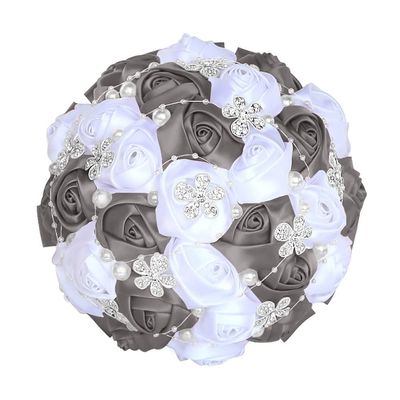 8.3 Inch Handmade Satin Rose Bridal Bouquet Toss Round Wedding Bouquet Throw Toss Artificial Flower Bunch Dark Silver + White