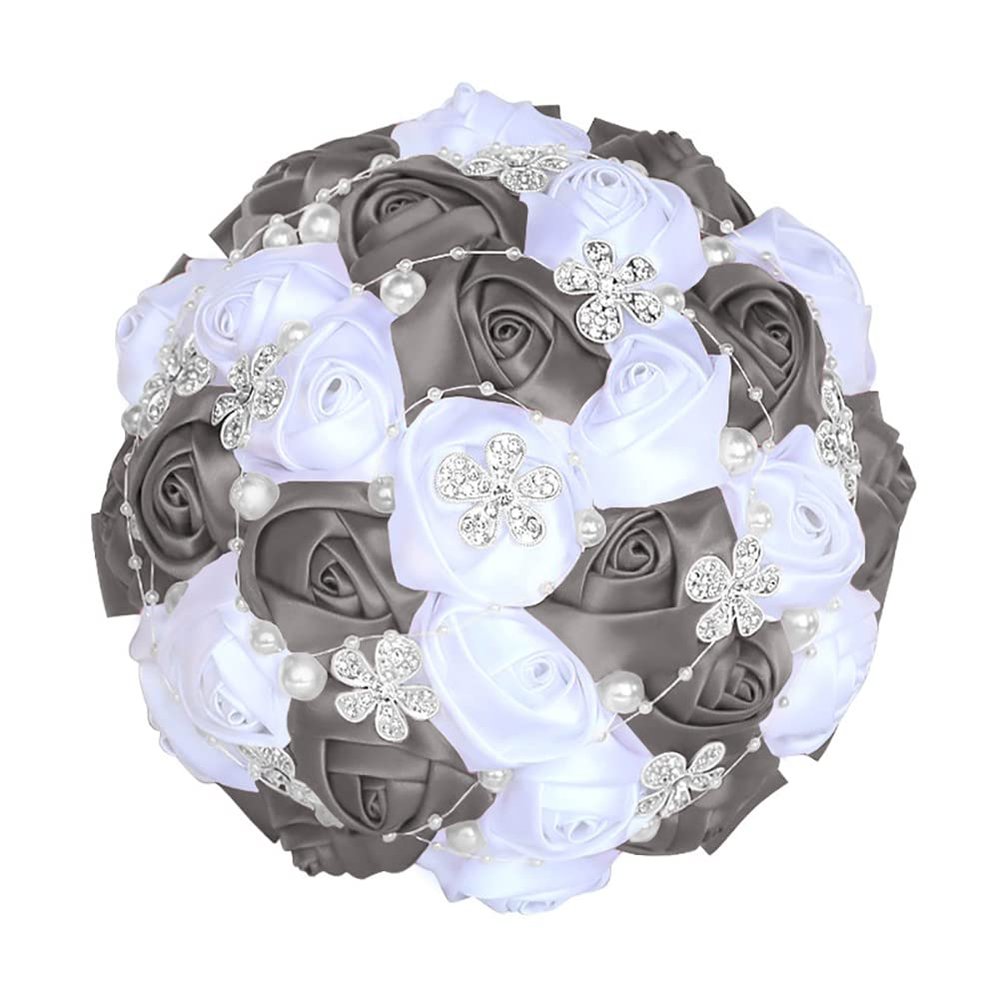 8.3 Inch Handmade Satin Rose Bridal Bouquet Toss Round Wedding Bouquet Throw Toss Artificial Flower Bunch Dark Silver + White