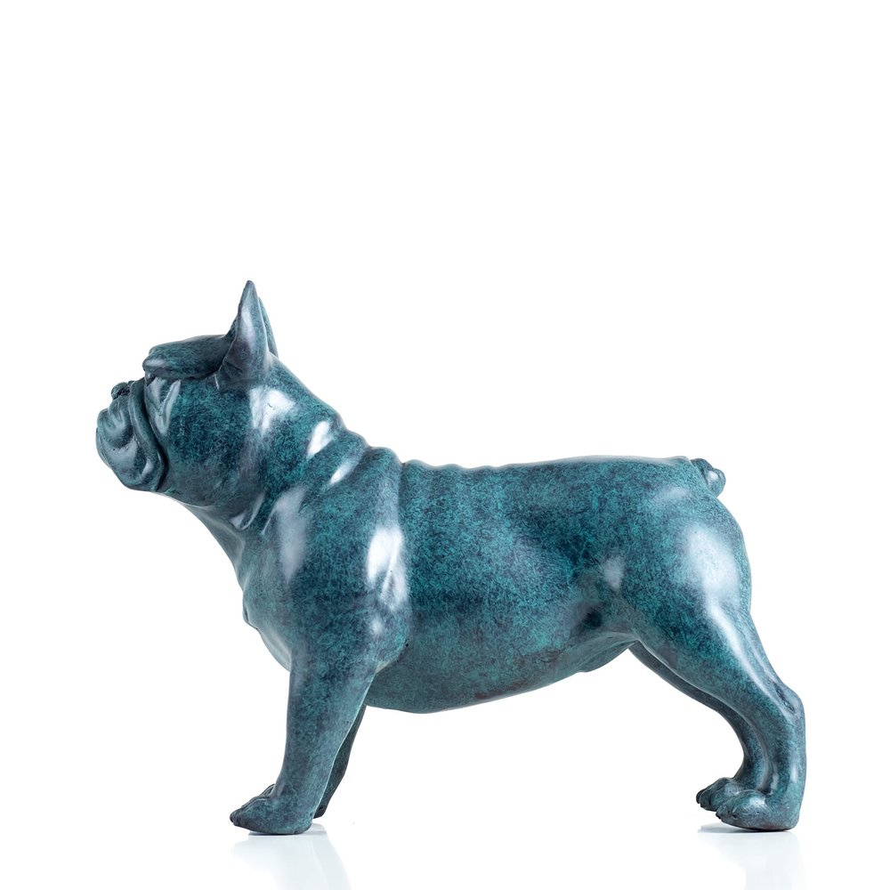 R REALONG Blue French Bulldog Bronze Sculpture 11" Solid Bronze Dog Statue, Lost Wax Cast, Hand-Patinated Art Figurine, 8.3 lb Heavy Pure Copper Decor for Home, Office & Collectors