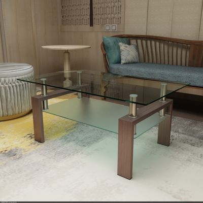 LinkRomat Glass Coffee Table Modern Coffee Table 2-Tier Center Table Coffee Tables for Living Room, Clear Coffee Table with Storage Shelf, Living Room Furniture, Walnut