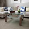 LinkRomat Glass Coffee Table Modern Coffee Table 2-Tier Center Table Coffee Tables for Living Room, Clear Coffee Table with Storage Shelf, Living Room Furniture, Walnut view 3