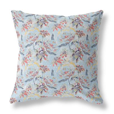 HomeRoots Light Blue Indigo Red Broadcloth 18 Sky Blue Red Roses Indoor Outdoor Throw Pillow