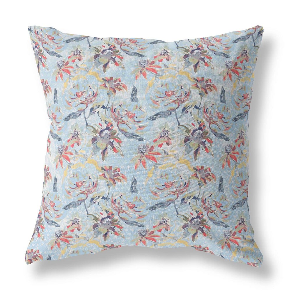 HomeRoots Light Blue Indigo Red Broadcloth 18 Sky Blue Red Roses Indoor Outdoor Throw Pillow