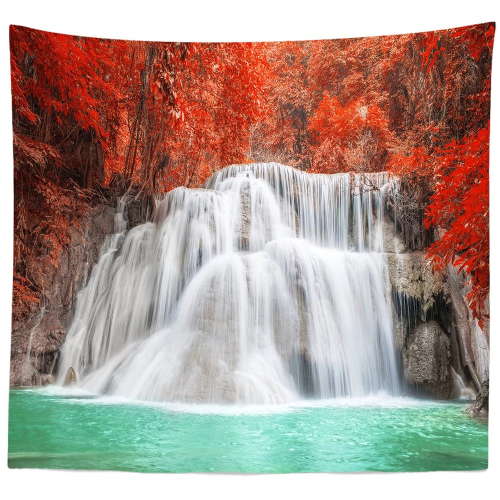 CORFOTO Waterfall Wall Tapestry Nature Forest Scenery Landscape Red Maple Leaf Jungle Lake Cascade Waterfall Tapestries for Men Bedroom Aesthetic Living Room Dorm Decor Posters 80Wx60H inches Fabric